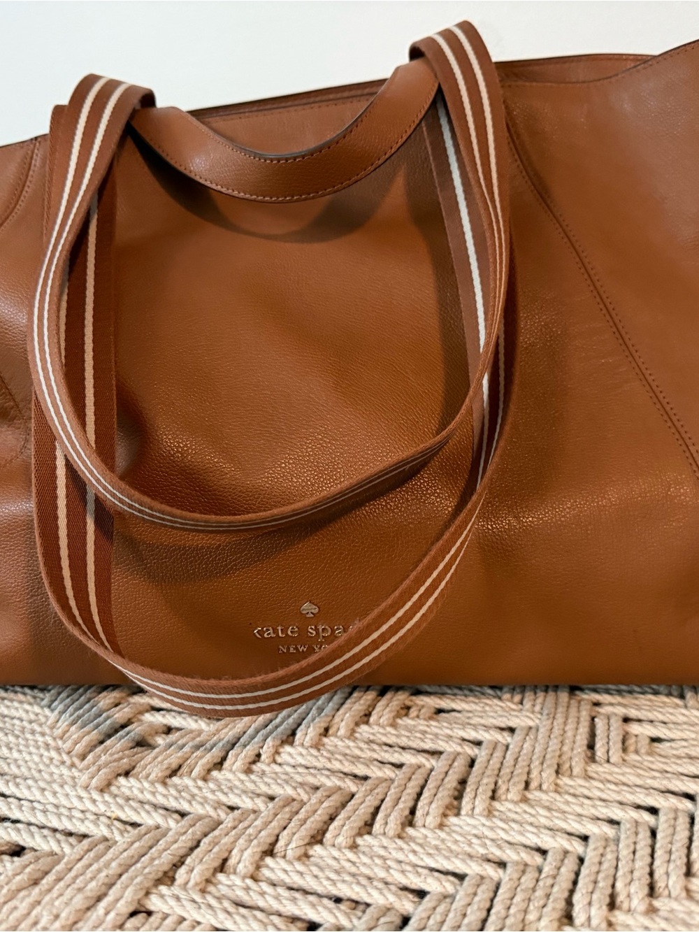 kate spade Brown Leather Tote with Striped Shoulder Straps